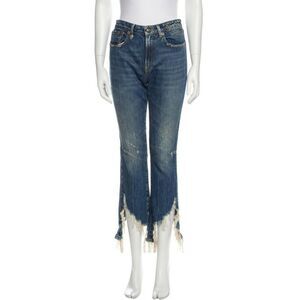 R13 Spiral Kick Kelly W frayed raw hem cropped distressed blue denim jeans Sz 27